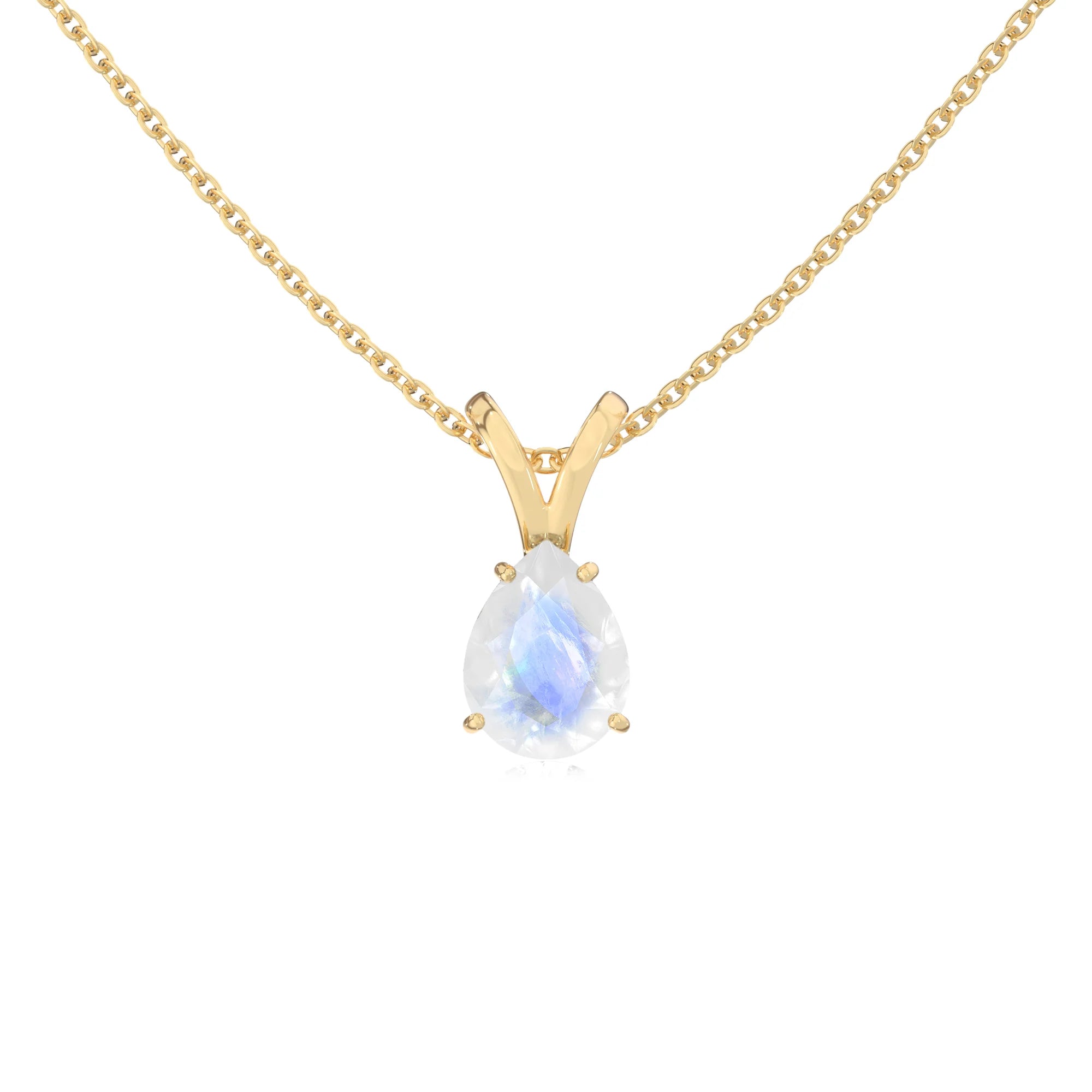 natural rainbow-moonstone pear solitaire v-bale necklaces in yellow gold 
