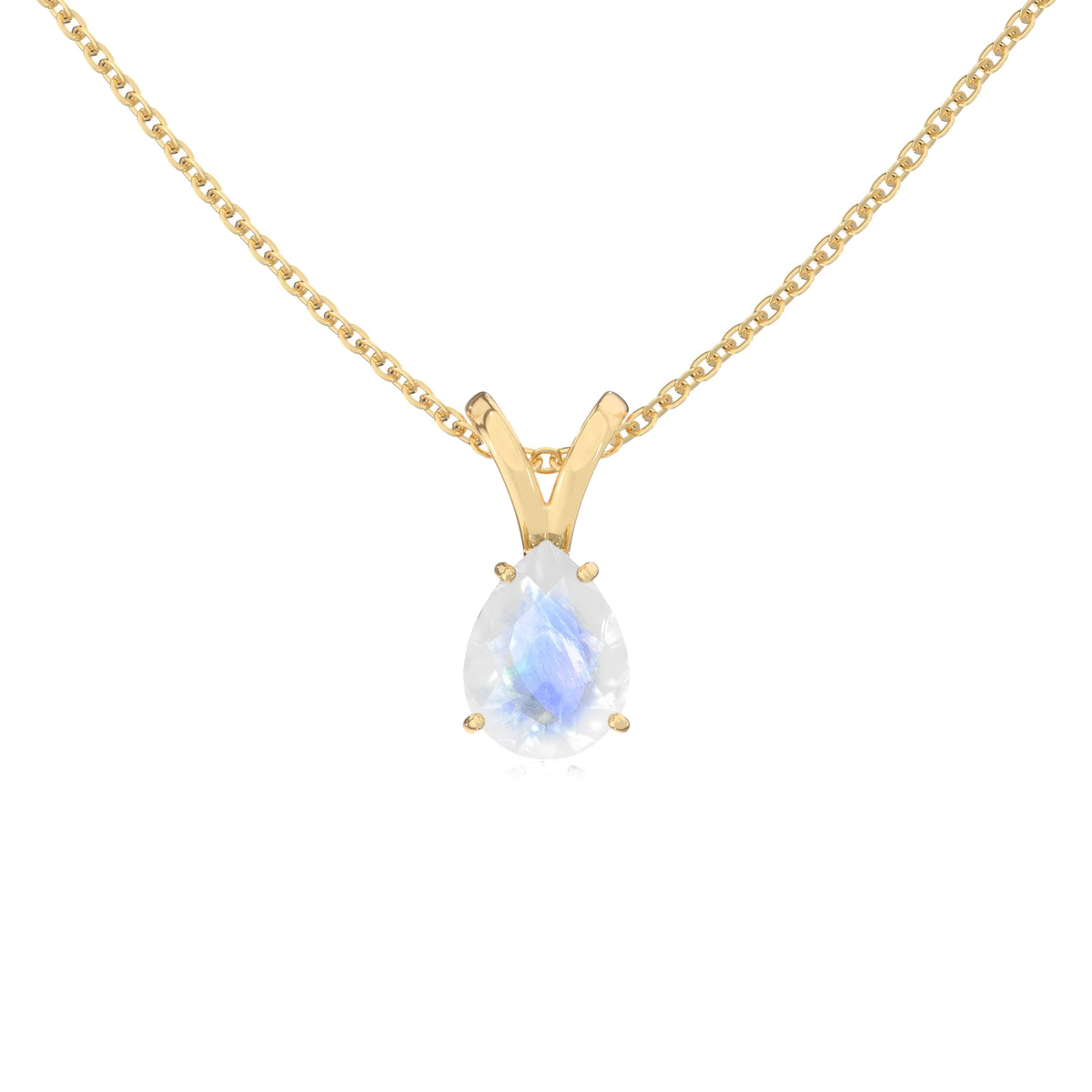 natural rainbow-moonstone pear solitaire v-bale necklaces in yellow gold 