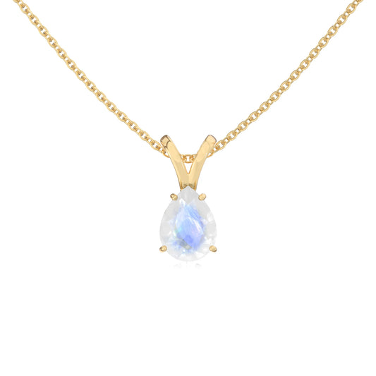 natural rainbow-moonstone pear solitaire v-bale necklaces in yellow gold 