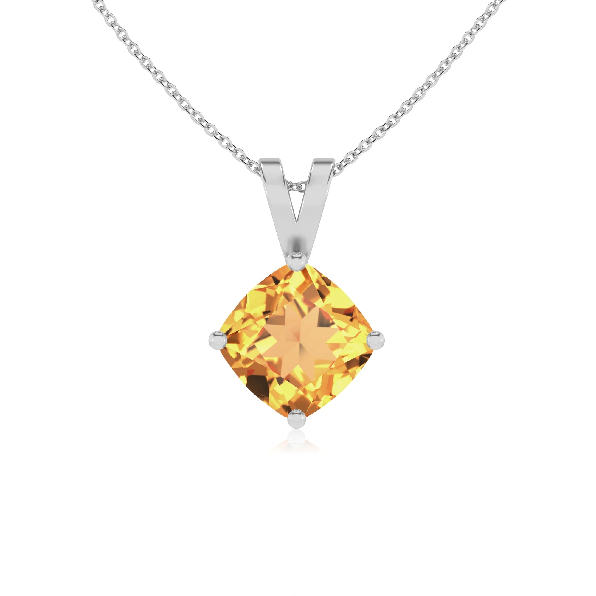 lab grown citrine cushion solitaire v-bale necklaces in white gold 