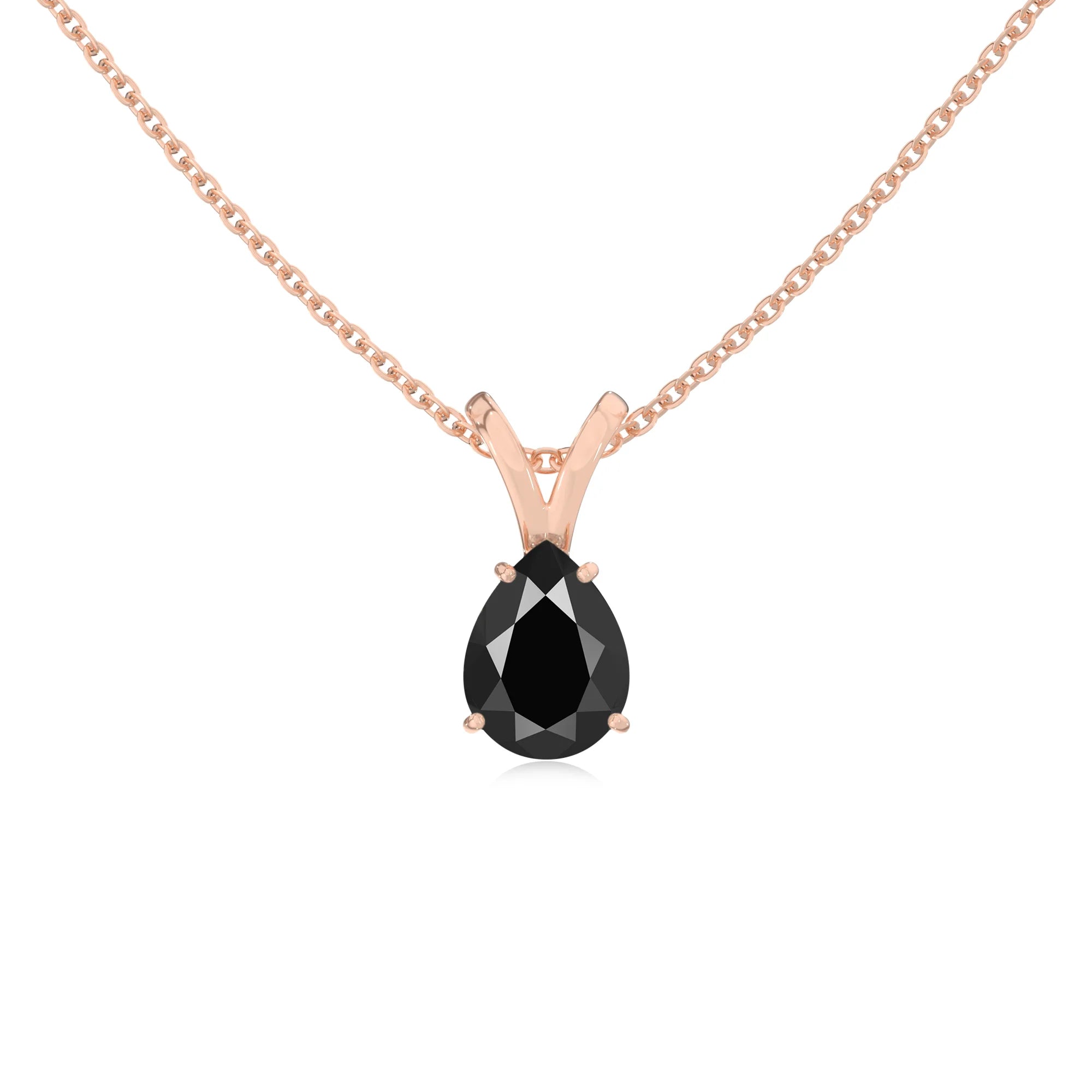 natural black-onyx pear solitaire v-bale necklaces in rose gold 