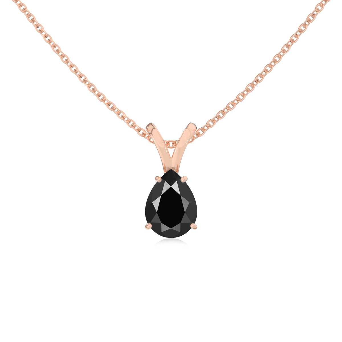 natural black-onyx pear solitaire v-bale necklaces in rose gold 