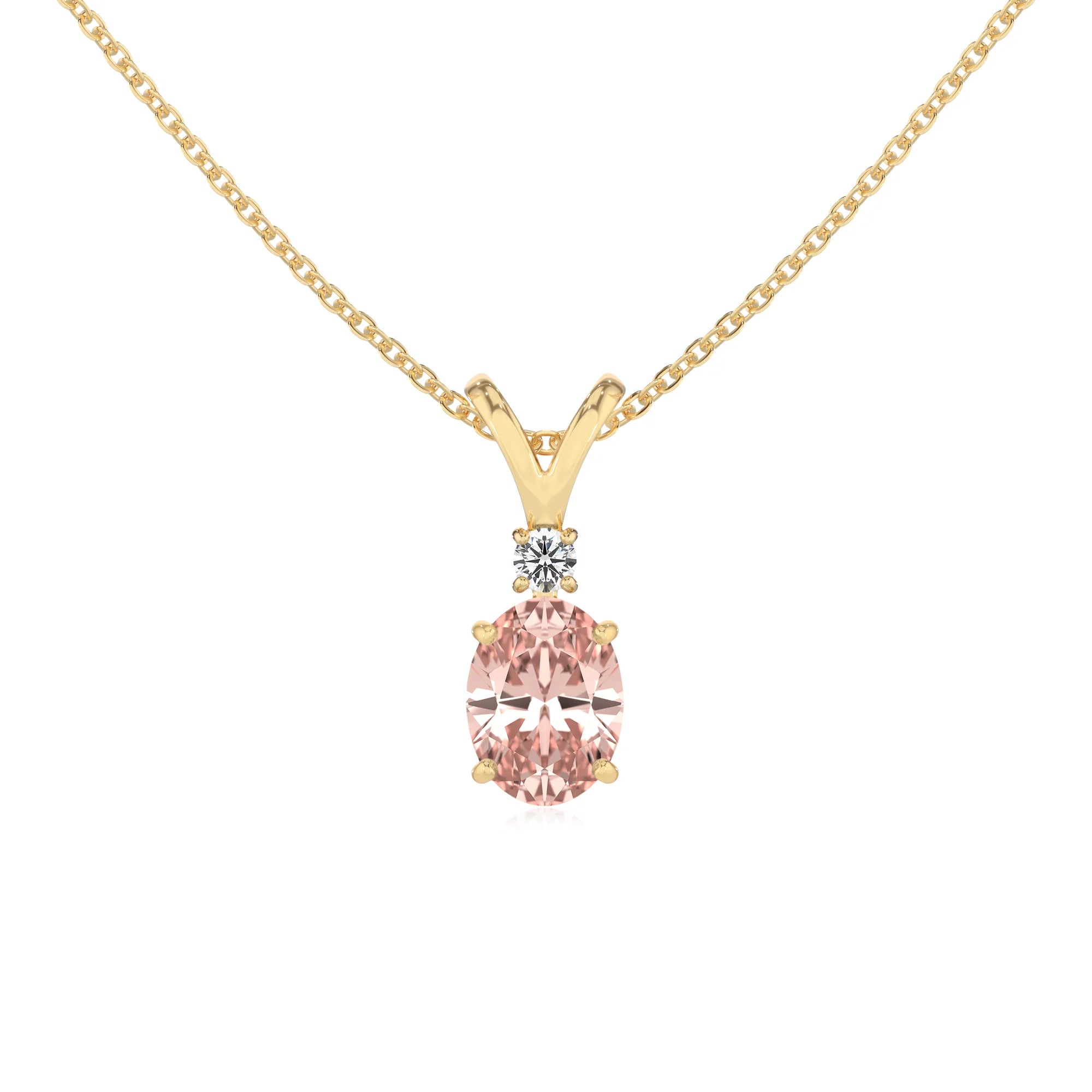 lab grown morganite oval solitaire v-bale necklaces in yellow gold 
