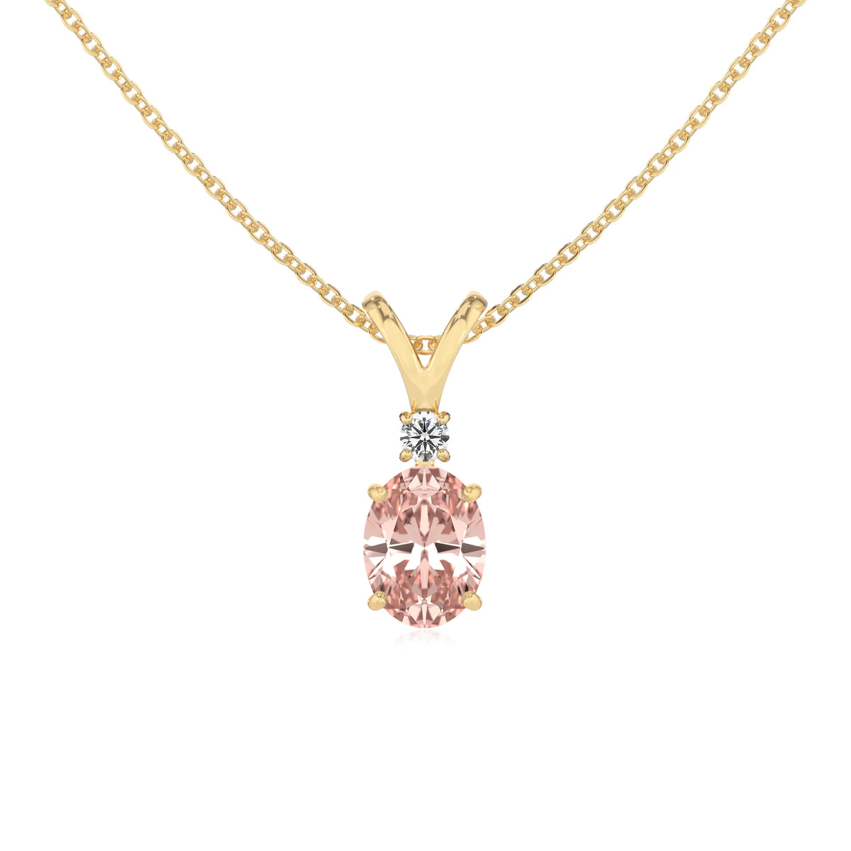 lab grown morganite oval solitaire v-bale necklaces in yellow gold 