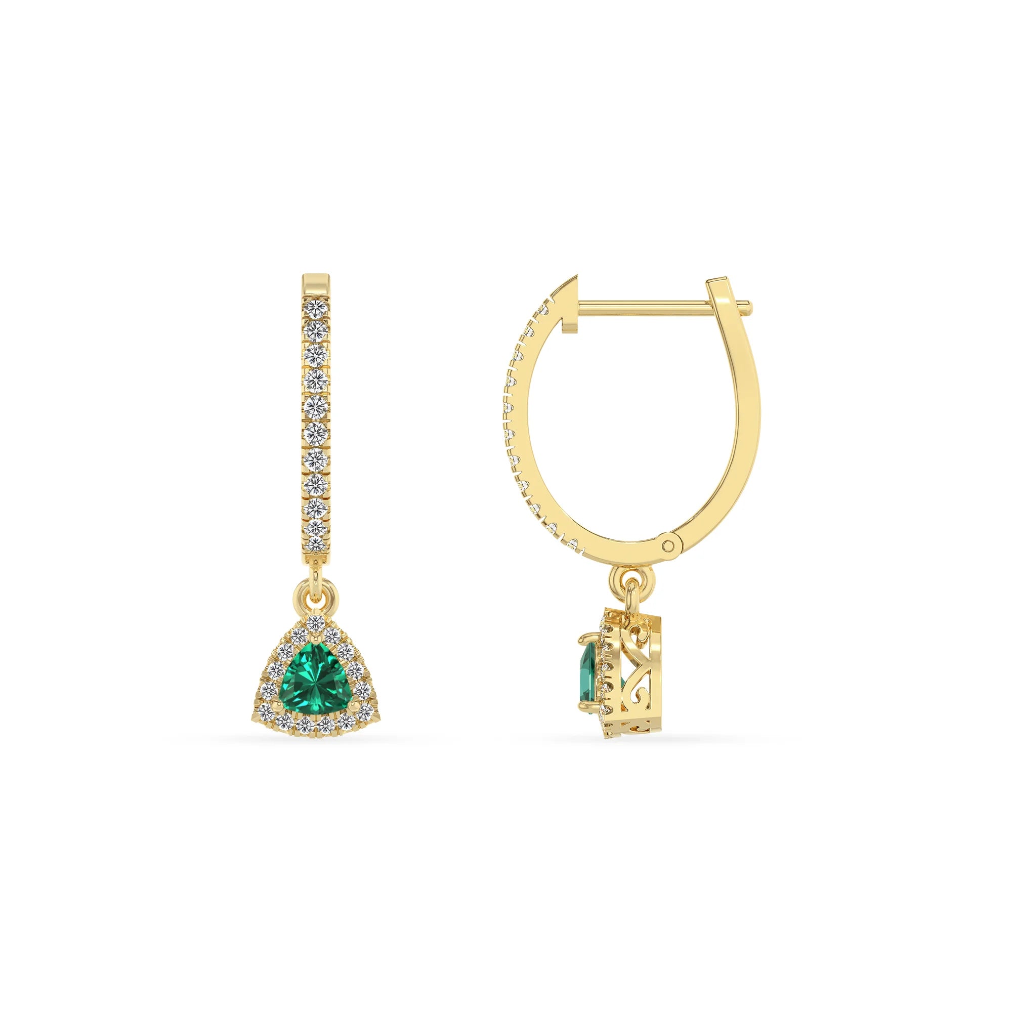 lab grown emerald trillion drop earrings in yellow gold 