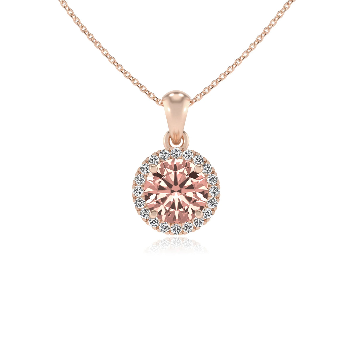 lab grown morganite round solitaire necklaces in rose gold 