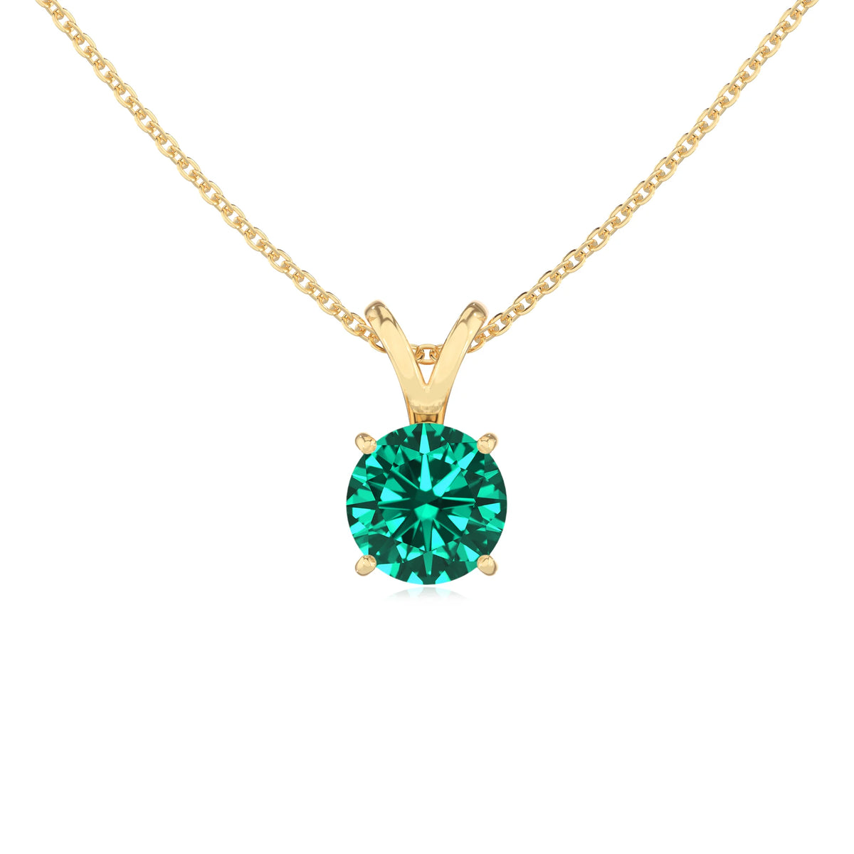 lab grown emerald round solitaire v-bale necklaces in yellow gold 
