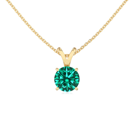 lab grown emerald round solitaire v-bale necklaces in yellow gold 