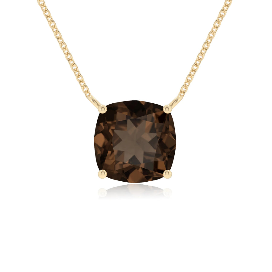 natural smoky-quartz cushion solitaire necklaces in yellow gold 