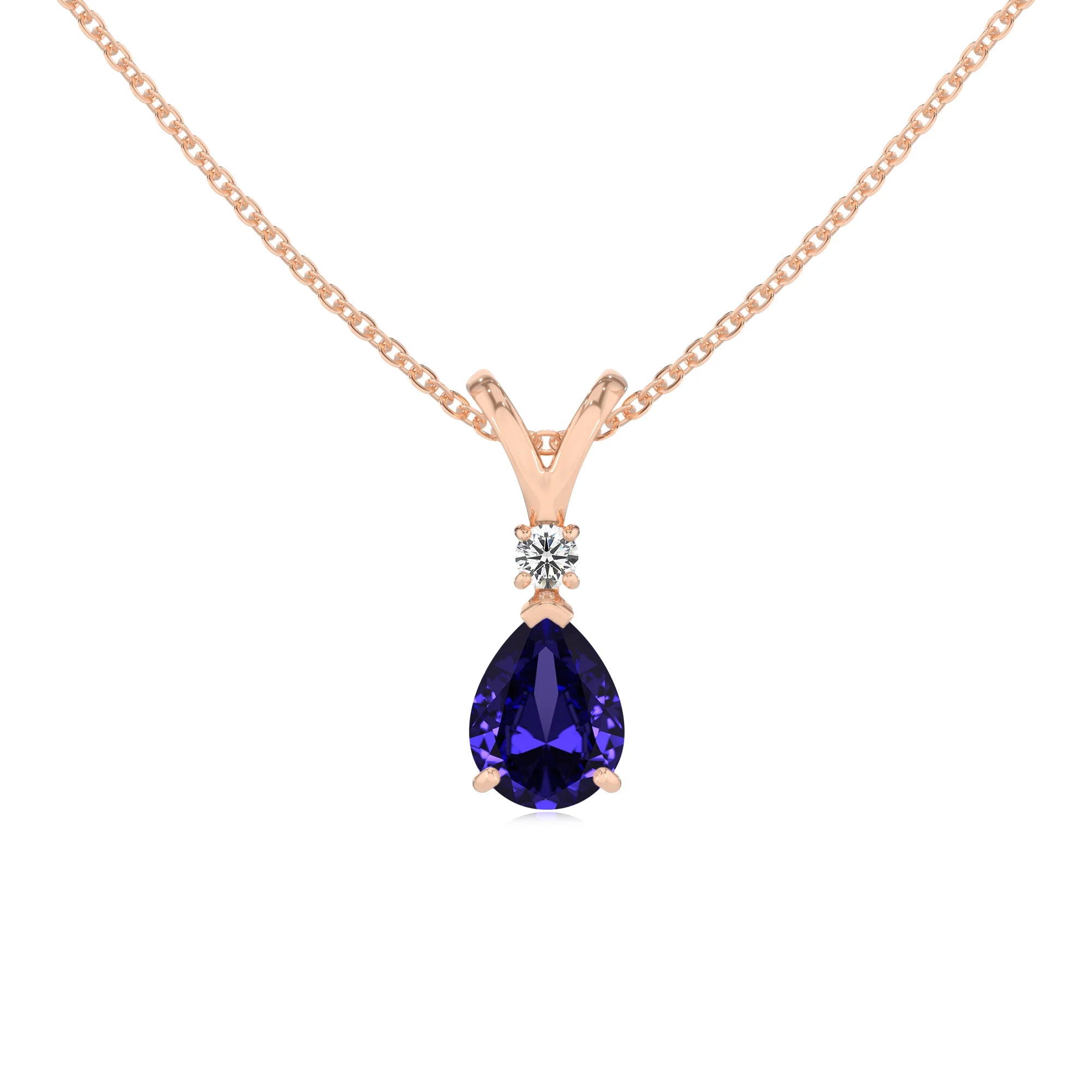 lab grown tanzanite pear solitaire v-bale necklaces in rose gold 