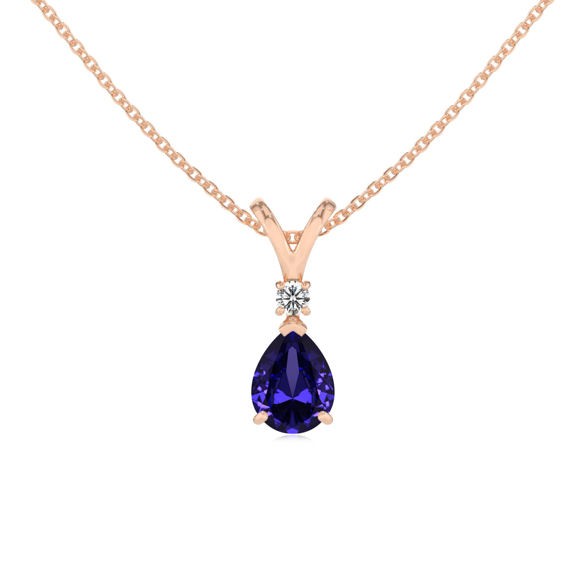 lab grown tanzanite pear solitaire v-bale necklaces in rose gold 