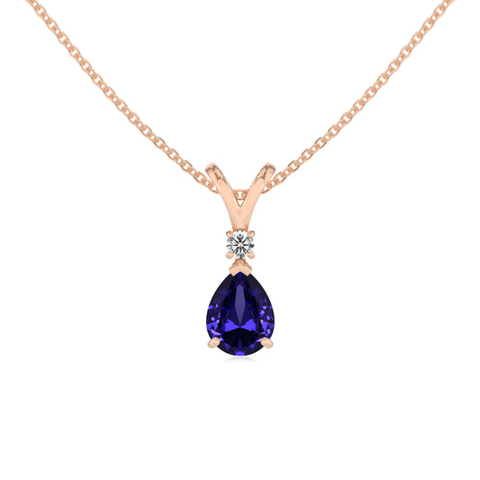lab grown tanzanite pear solitaire v-bale necklaces in rose gold 