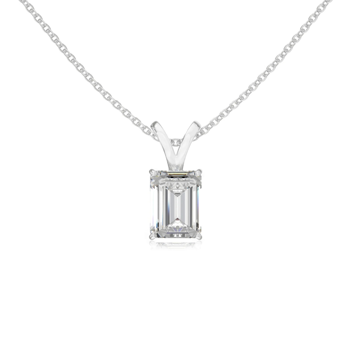lab grown moissanite emerald cut solitaire v-bale necklaces in sterling silver 