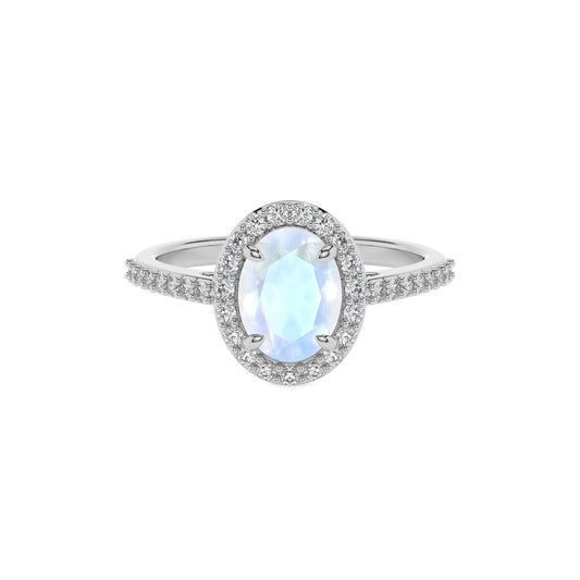 natural rainbow-moonstone oval solitaire rings in white gold 