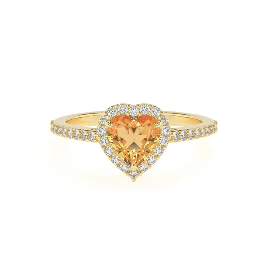lab grown citrine heart solitaire rings in yellow gold 