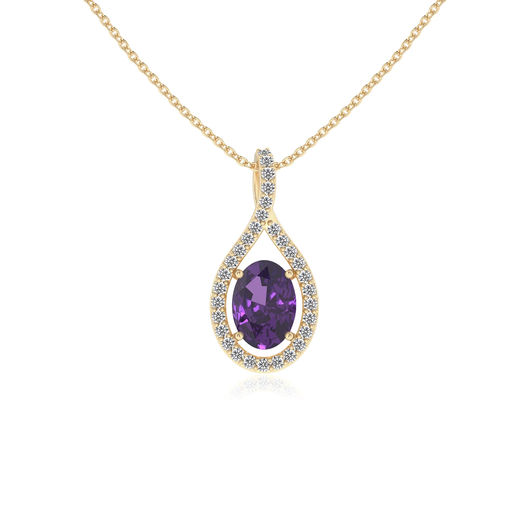 lab grown amethyst oval solitaire necklaces in yellow gold 