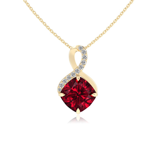 lab grown ruby cushion infinity necklaces in yellow gold 