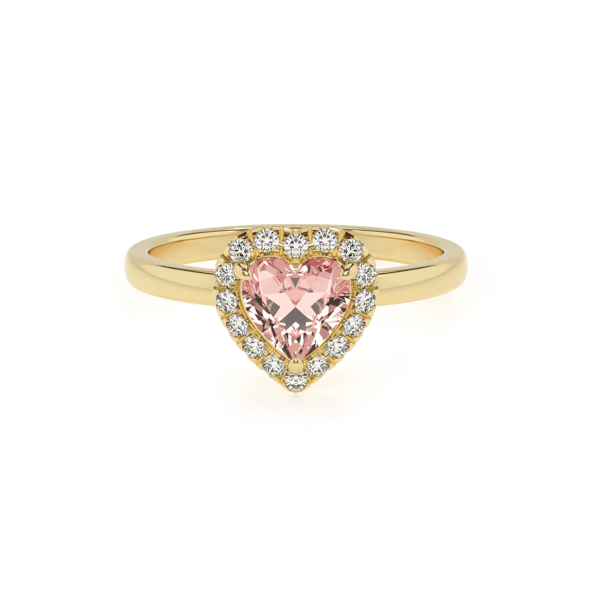 lab grown morganite heart solitaire rings in yellow gold 