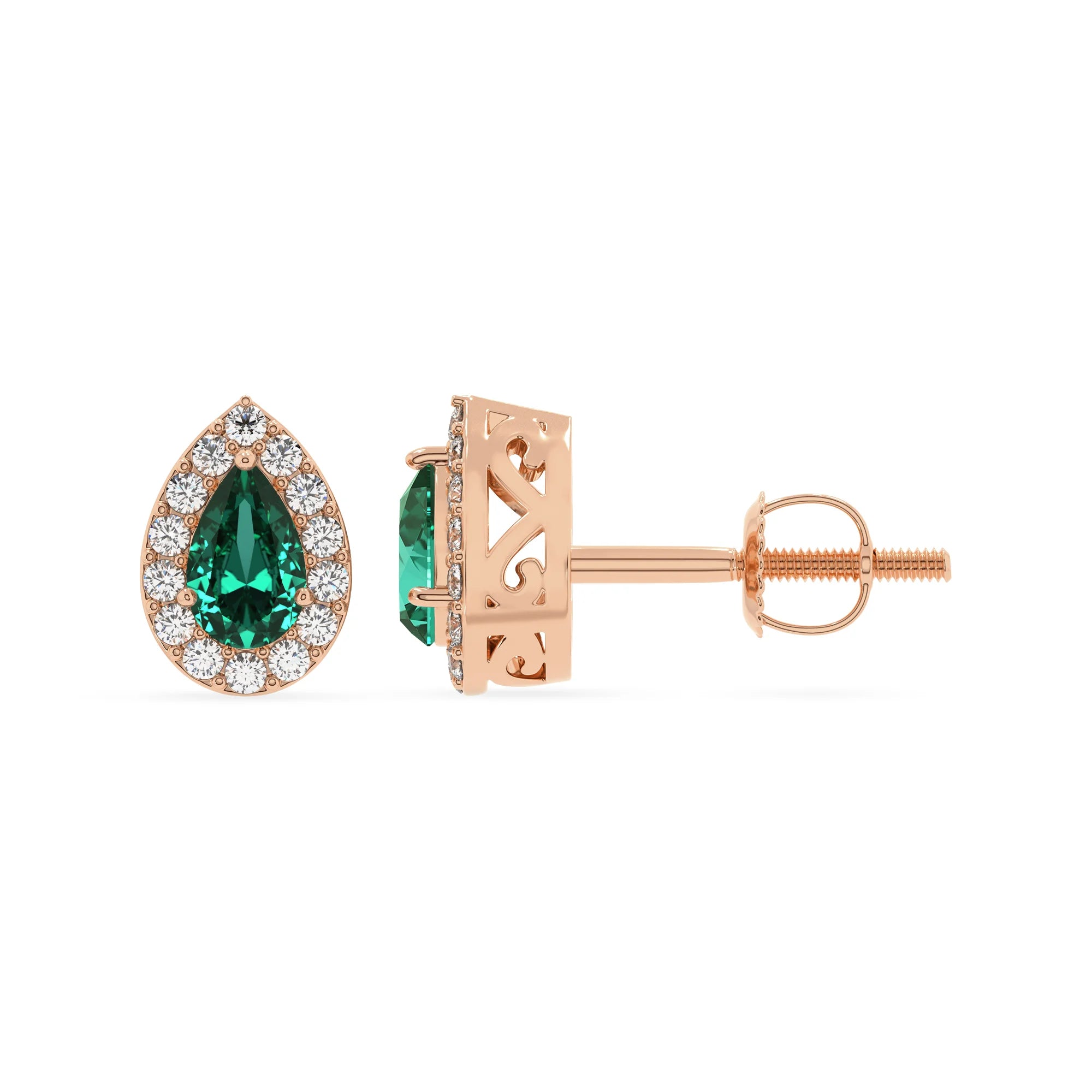 lab grown emerald pear stud earrings in rose gold 