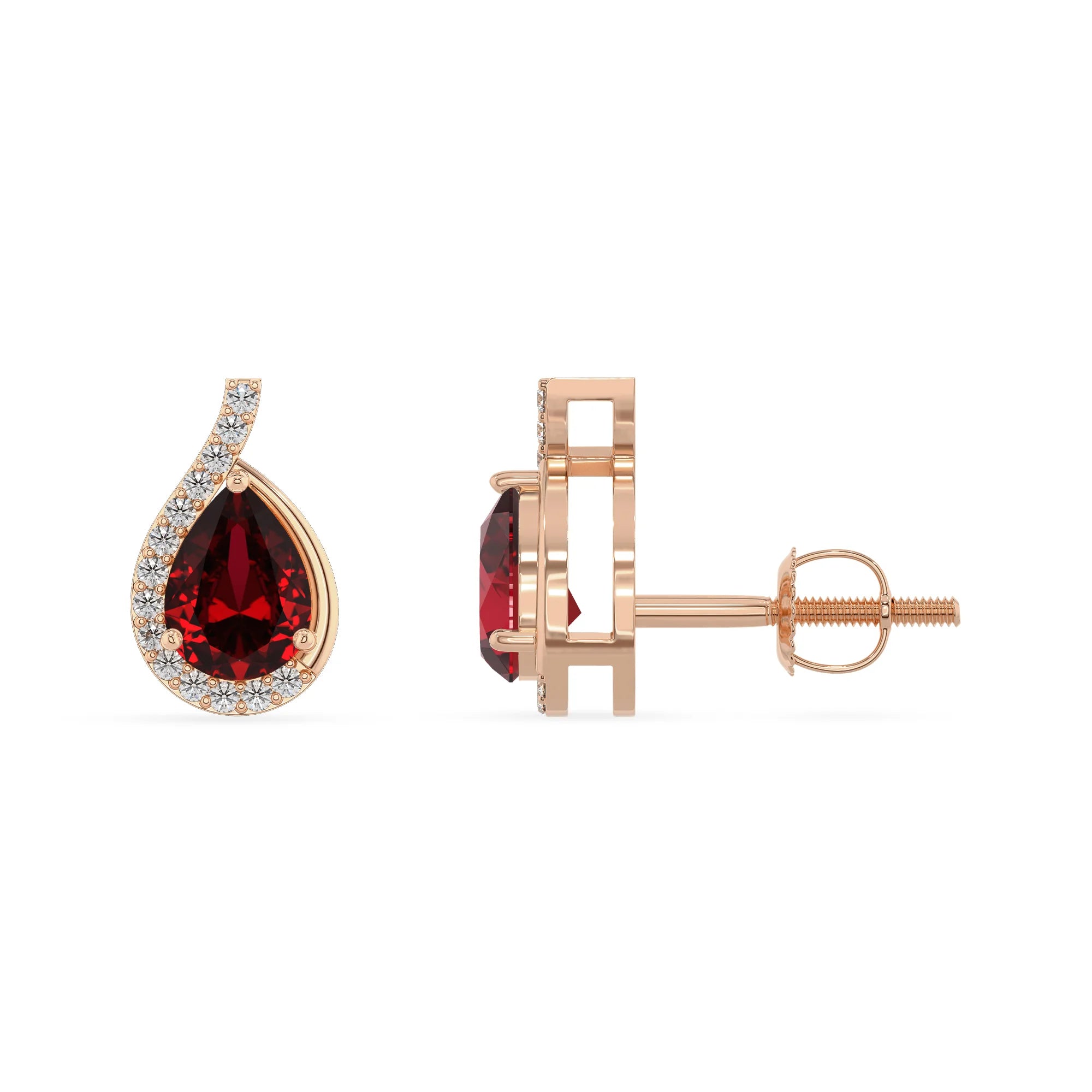 lab grown ruby pear stud earrings in rose gold 