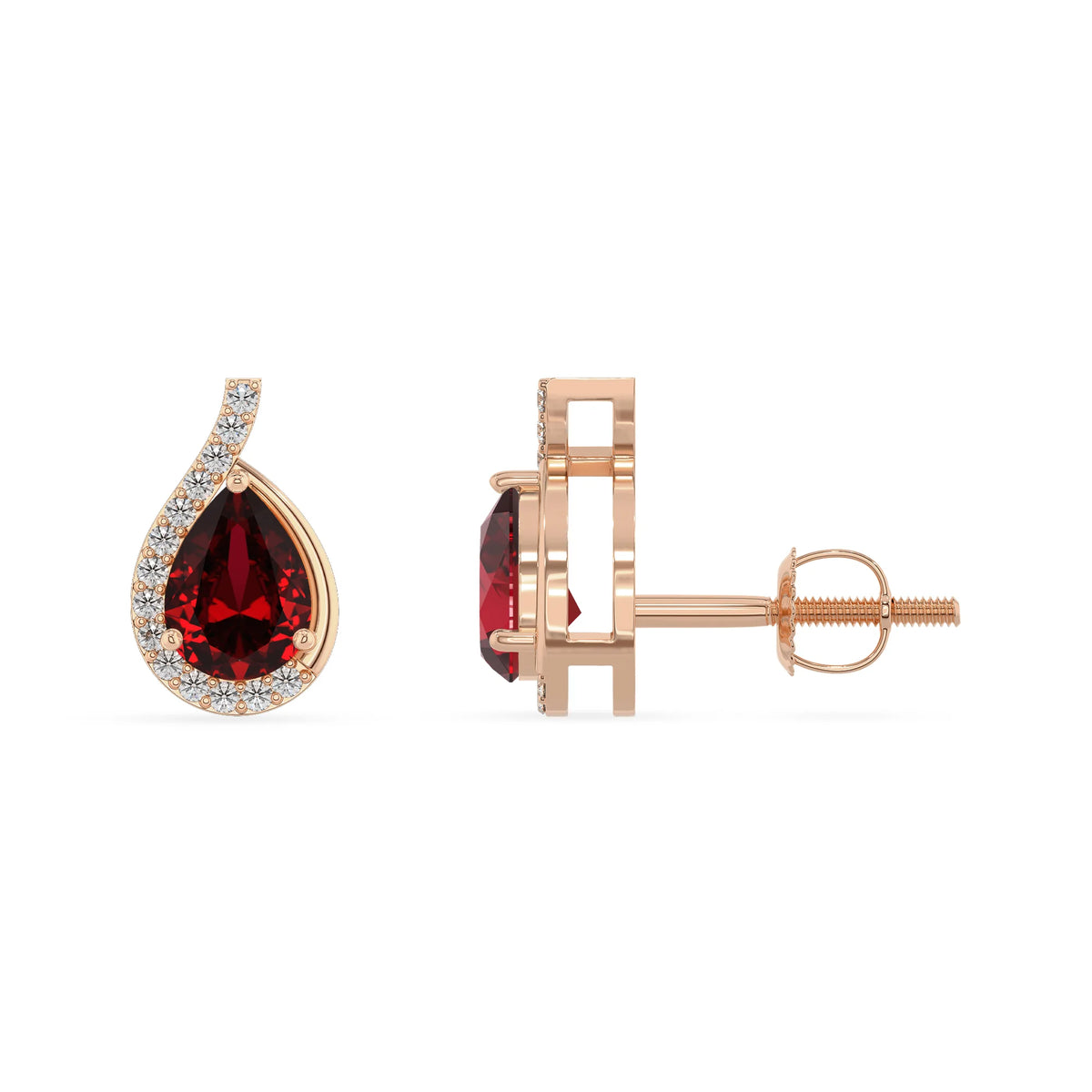 lab grown ruby pear stud earrings in rose gold 