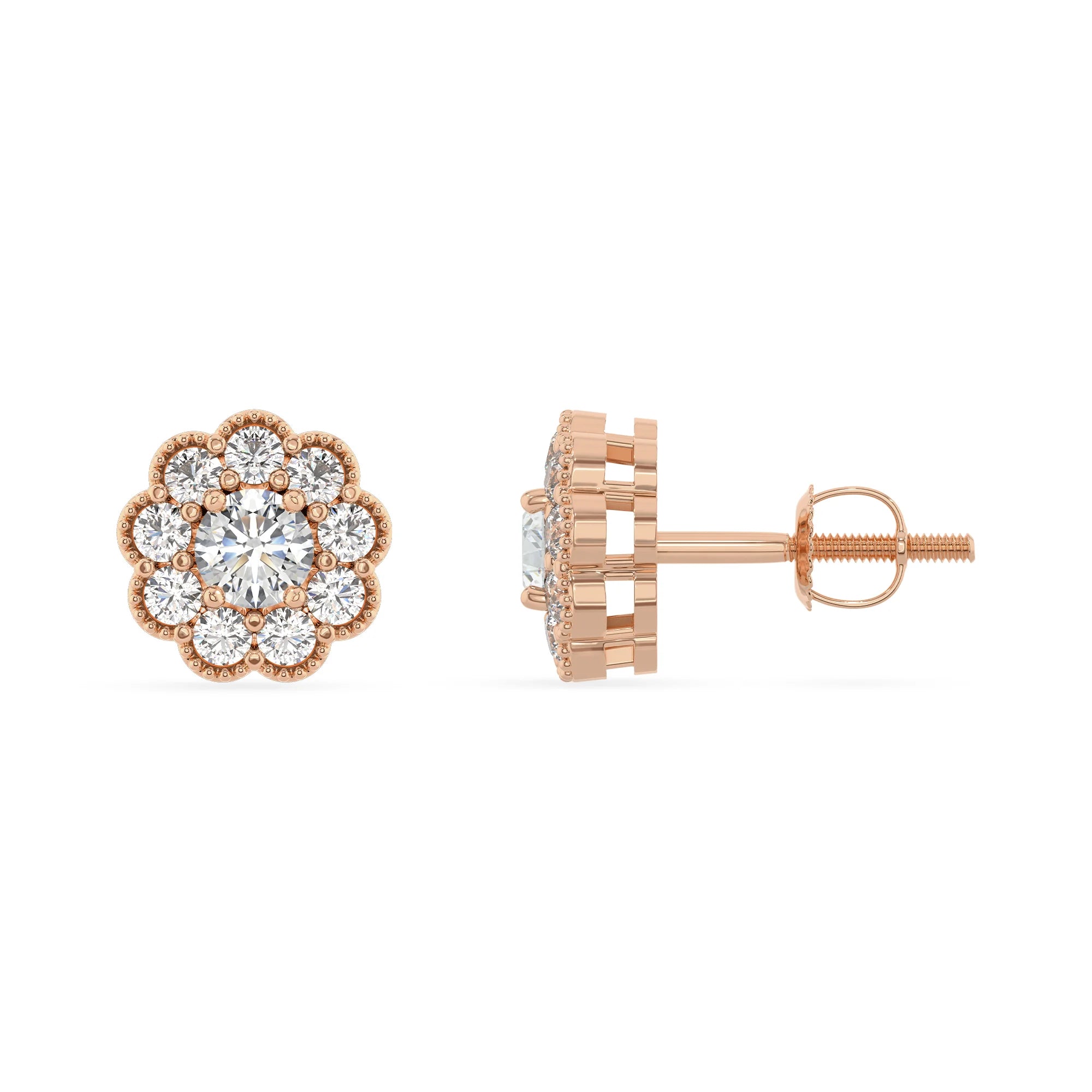lab grown moissanite round stud earrings in rose gold 