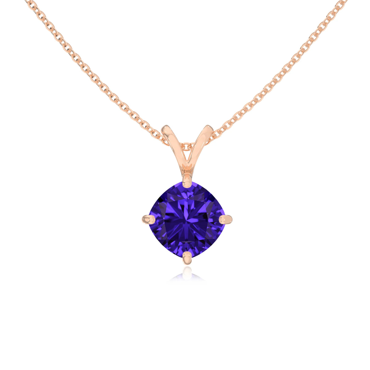 lab grown tanzanite cushion solitaire v-bale necklaces in rose gold 