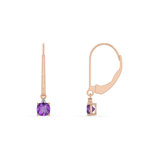 lab grown amethyst cushion drop earrings in rose gold 
