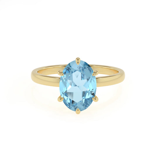 lab grown aquamarine oval solitaire rings in yellow gold 