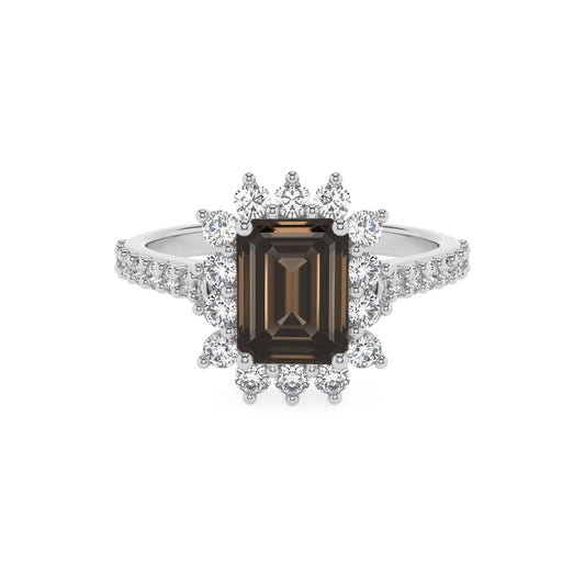 natural smoky-quartz emerald cut solitaire rings in platinum 