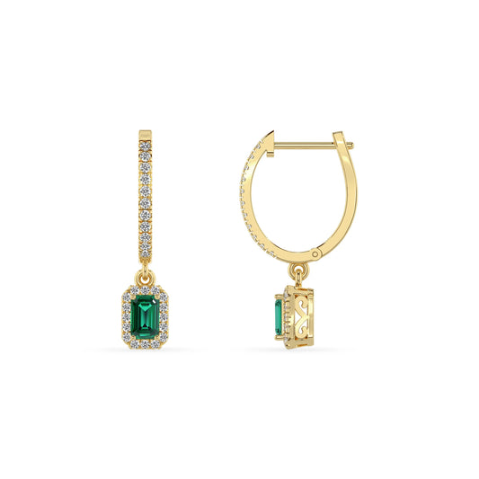 lab grown emerald octogon cut drop earrings in yellow gold 