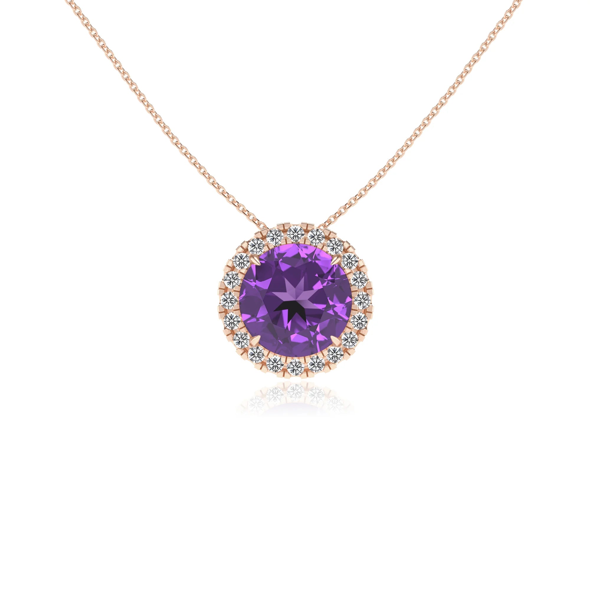 lab grown amethyst round solitaire necklaces in rose gold 