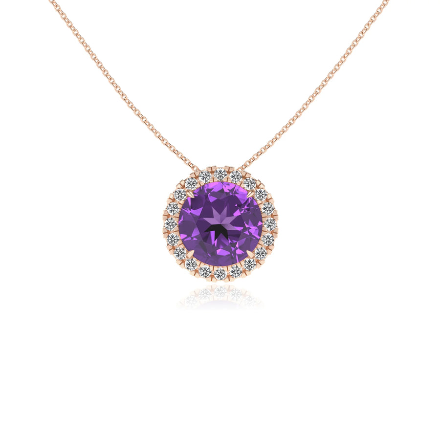 lab grown amethyst round solitaire necklaces in rose gold 