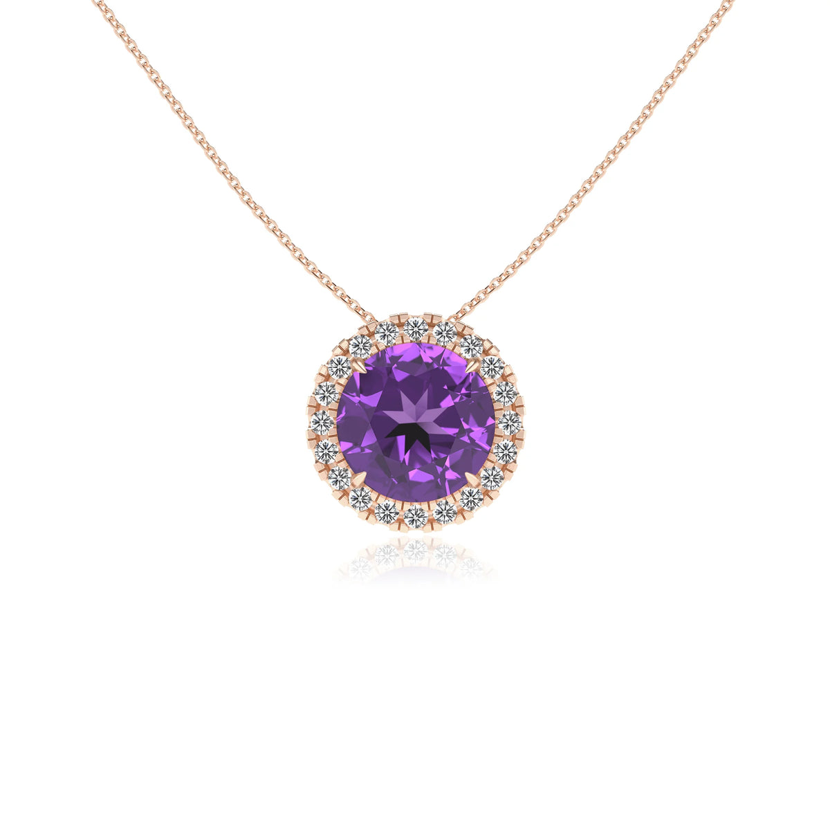 lab grown amethyst round solitaire necklaces in rose gold 