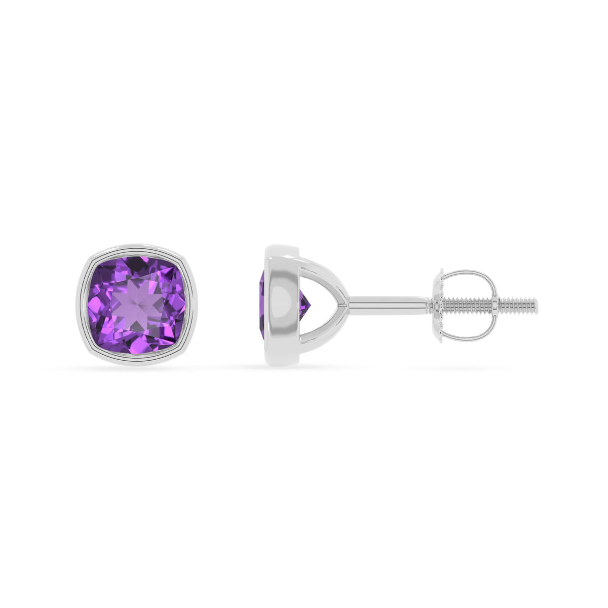 lab grown amethyst cushion stud earrings in white gold 