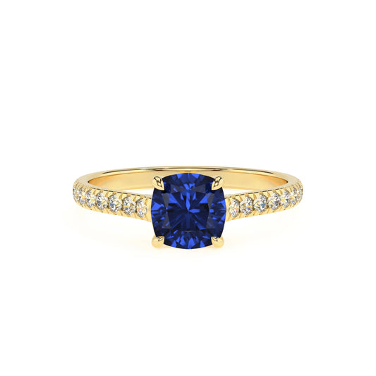 lab grown blue-sapphire cushion half eternity solitaire engagement rings in yellow gold 