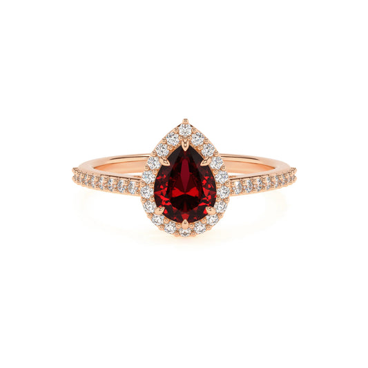 lab grown ruby pear solitaire rings in rose gold 