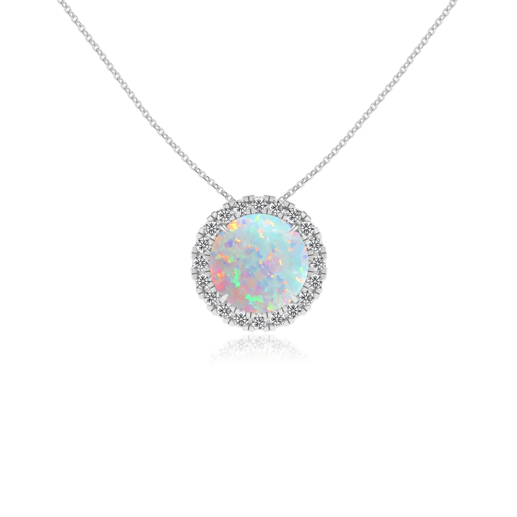 lab grown opal round solitaire necklaces in white gold 