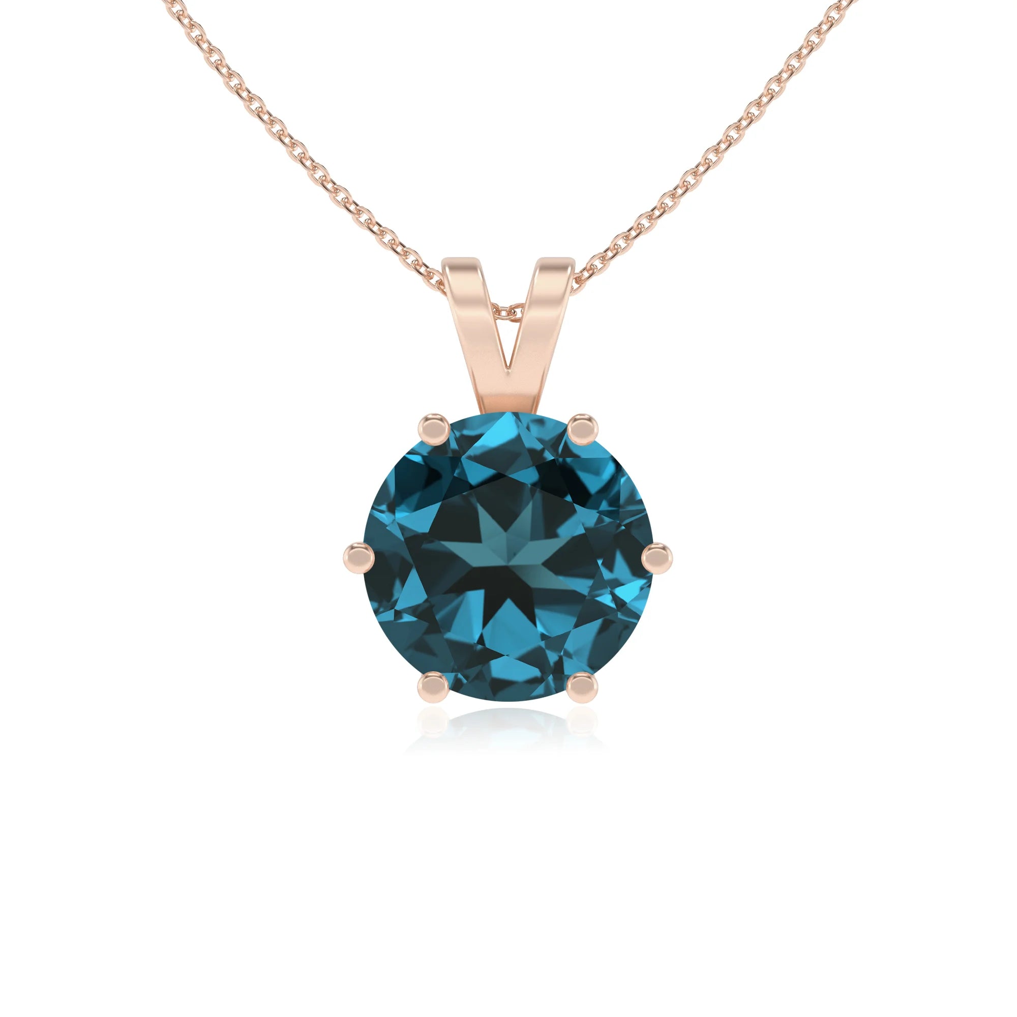 natural london-blue-topaz round solitaire v-bale necklaces in rose gold 