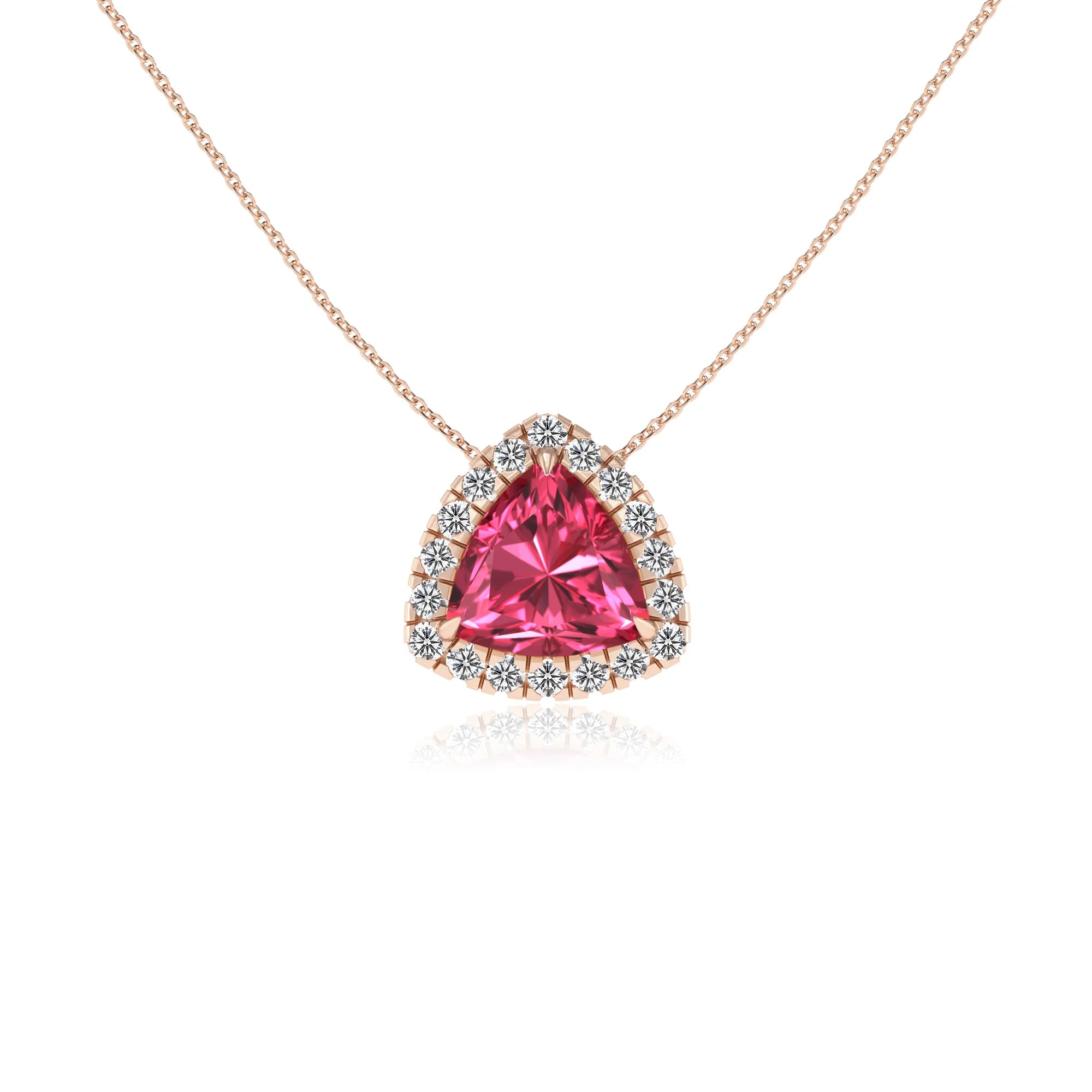 lab grown pink tourmaline trillion solitaire necklaces in rose gold 