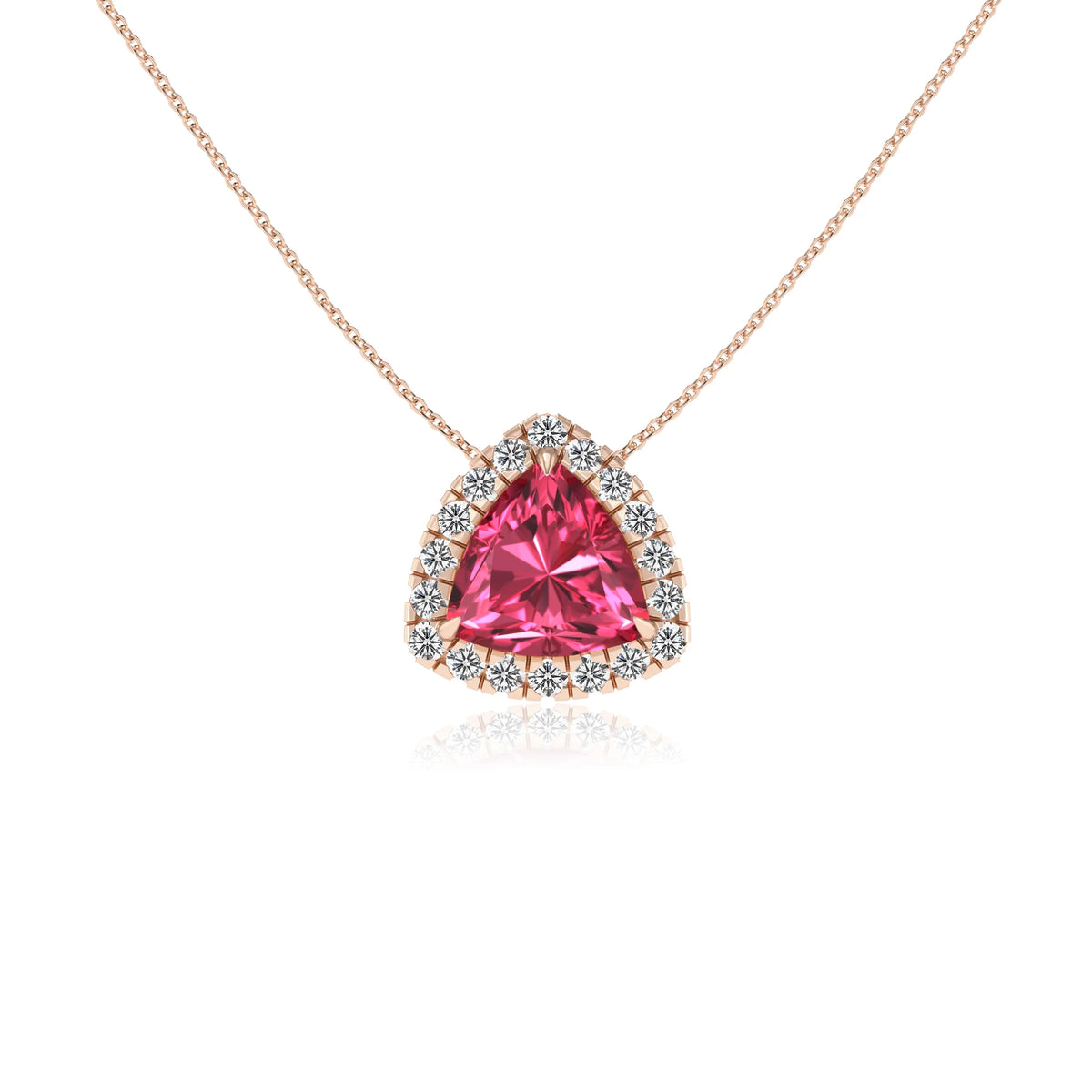 lab grown pink tourmaline trillion solitaire necklaces in rose gold 