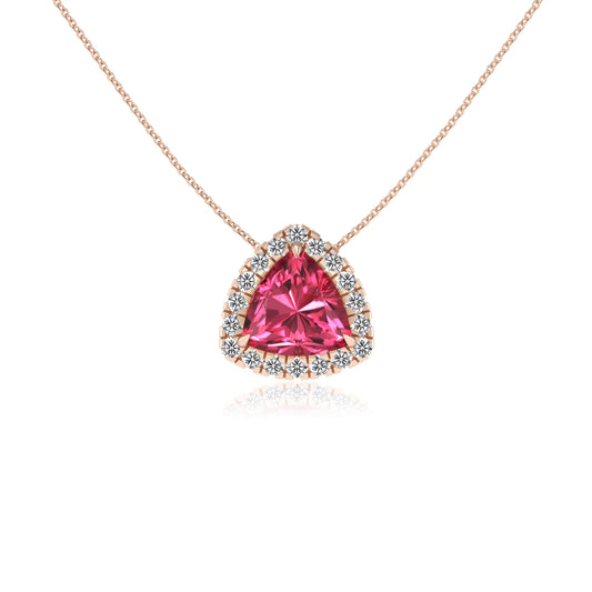lab grown pink tourmaline trillion solitaire necklaces in rose gold 