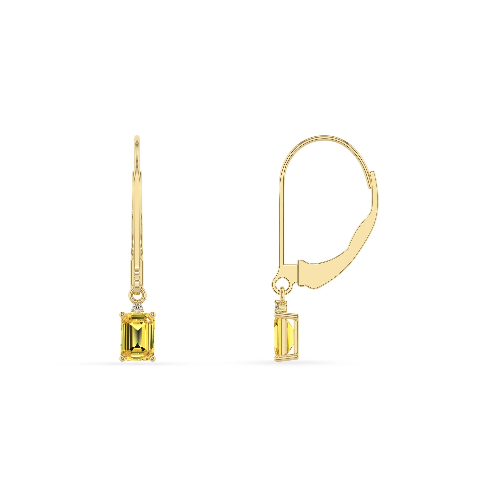 lab grown yellow sapphire emerald cut drop earrings in yellow gold 