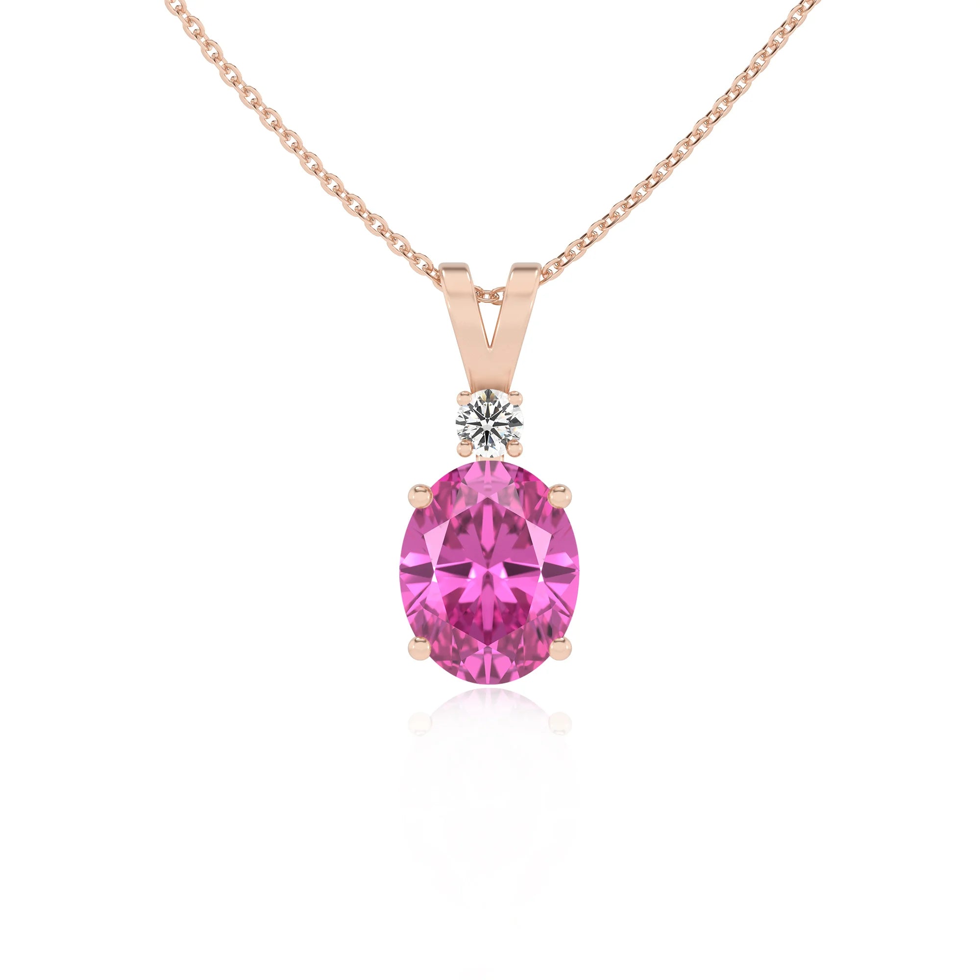 lab grown pink-sapphire oval solitaire v-bale necklaces in rose gold 