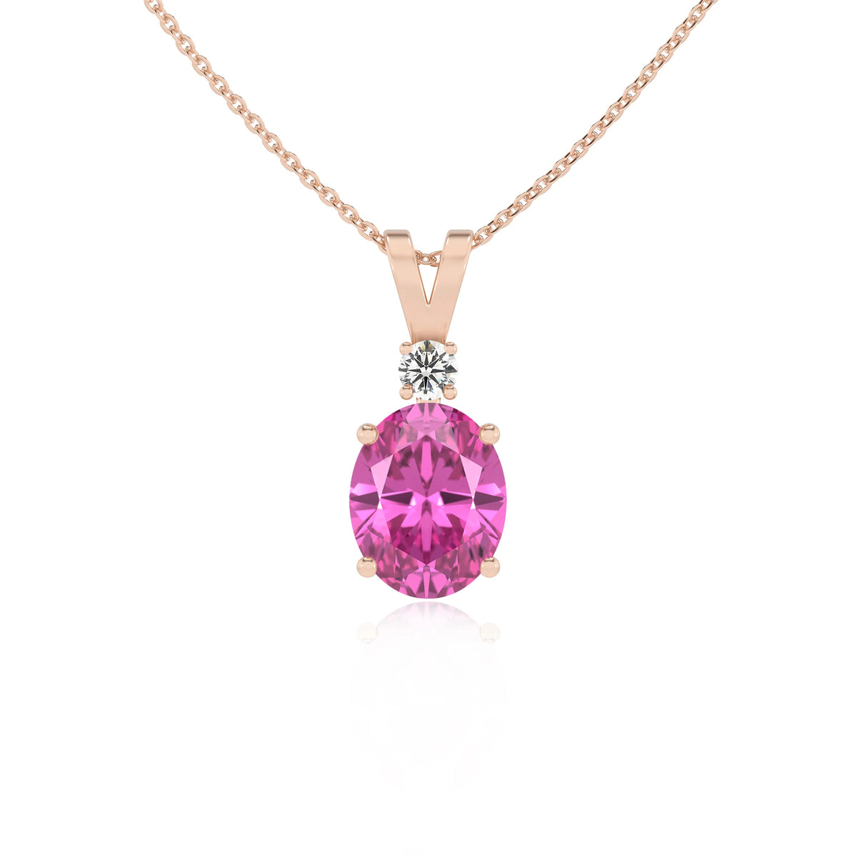 lab grown pink-sapphire oval solitaire v-bale necklaces in rose gold 