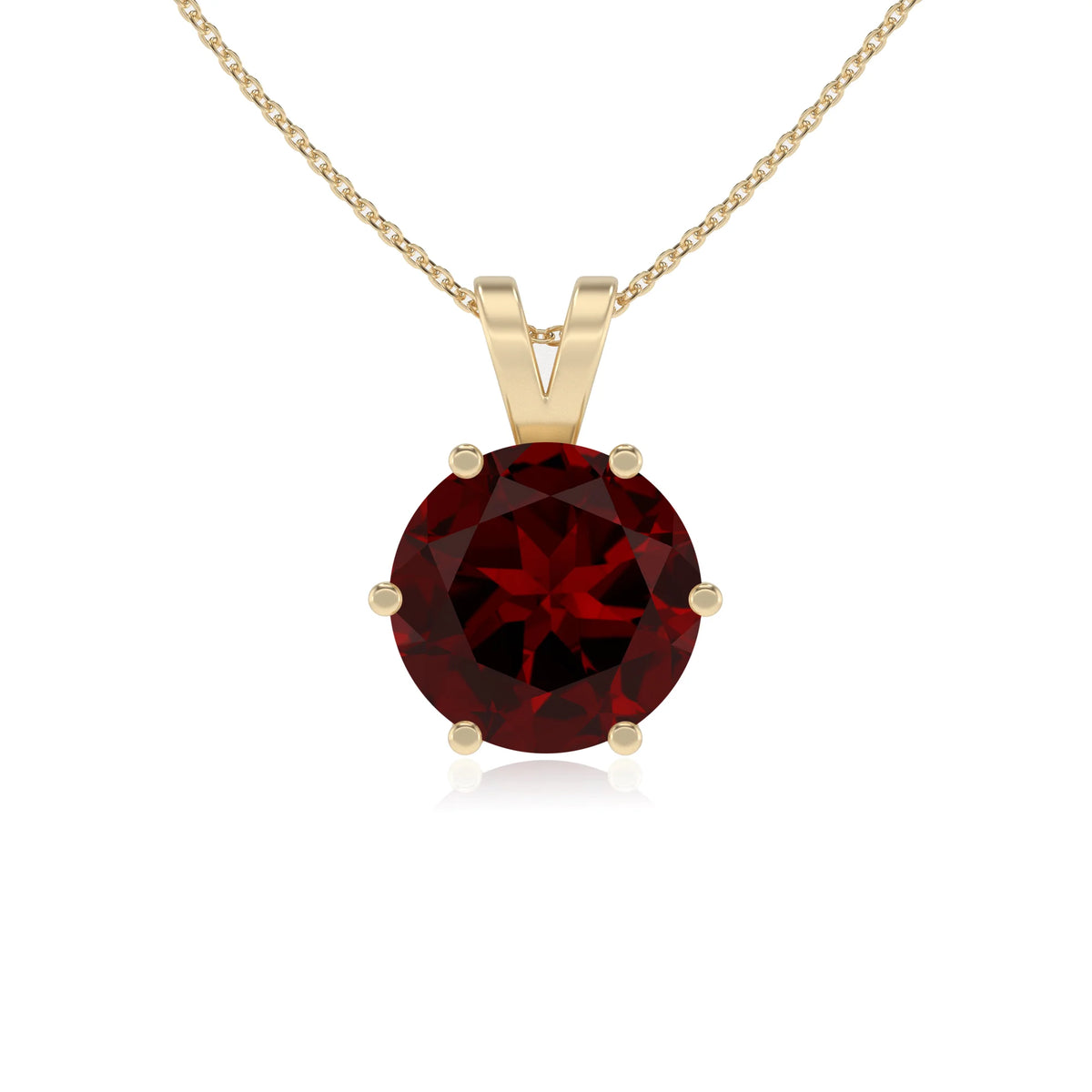 natural garnet round solitaire v-bale necklaces in yellow gold 