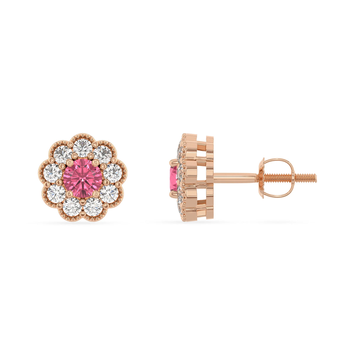 lab grown pink tourmaline round stud earrings in rose gold 