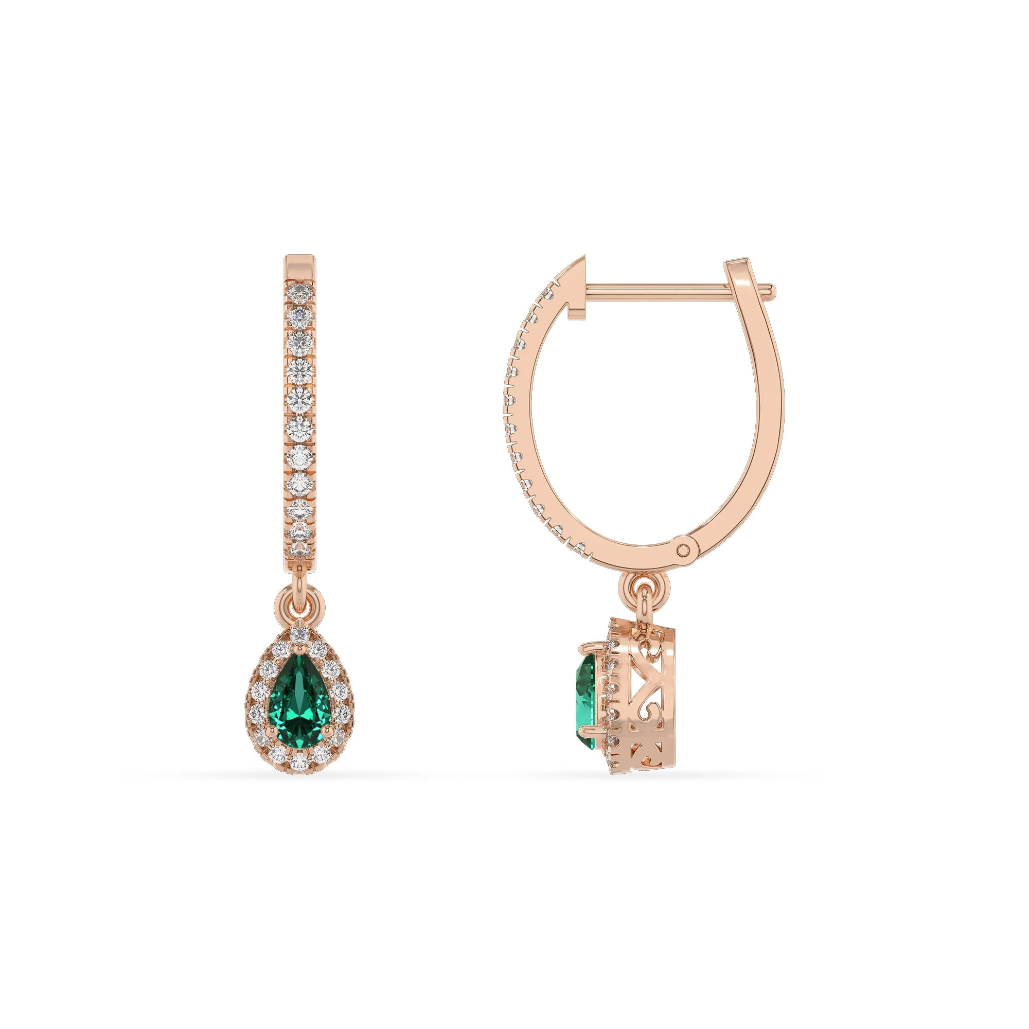 lab grown emerald pear drop earrings in rose gold 