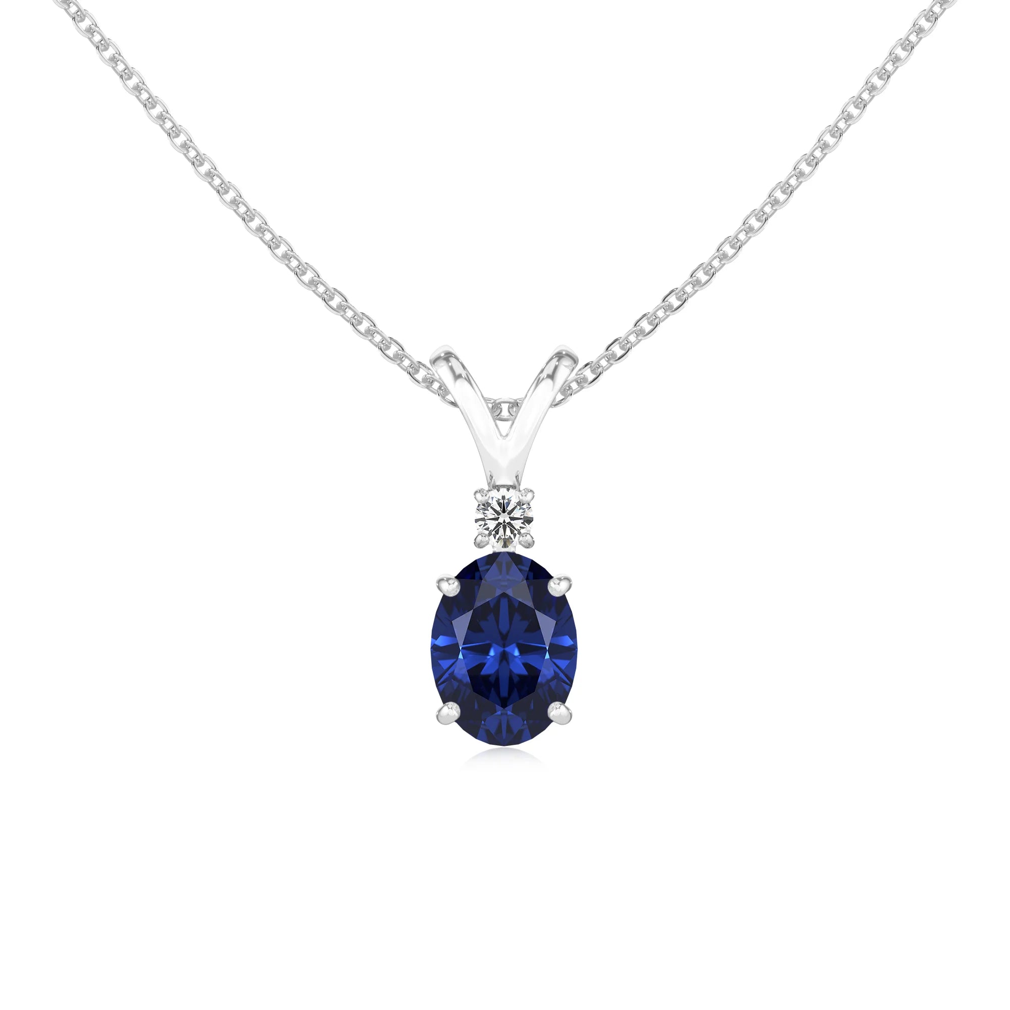 lab grown blue-sapphire oval solitaire v-bale necklaces in sterling silver 