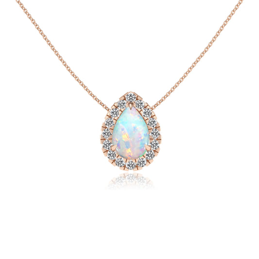 lab grown opal pear solitaire necklaces in rose gold 